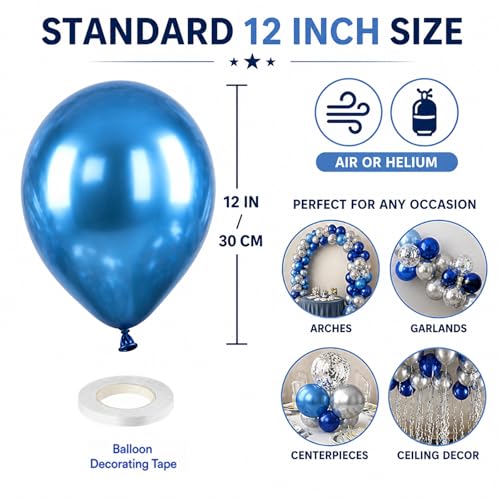 Image of Blue and Silver Balloons, 50PCS 12 Inch Metallic Blue Silver Balloons Dark Navy Confetti Party Latex Balloon Baby Blue Mixed Balloon for Birthday Graduation Shower Wedding Retirement