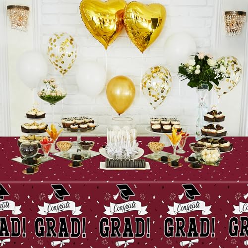 Image of 2Pcs Graduation Decorations 2026, 108 inch X 54 inch Maroon Graduation Tablecloths, Rectangle Table Covers for Class of 2026 Congrats Grad, Disposable Plastic Tablecover for Grad Decor Party Supplies for Kids