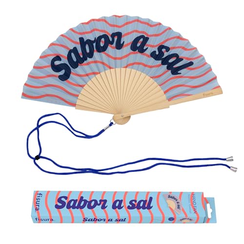 Fisura – Abanico original con mensaje Sabor a sal”. Abanico de madera moderno y colorido. Ventilador de mano azul. Colgador incluido. Idea de regalo divertida. 42,5 x 23 cm