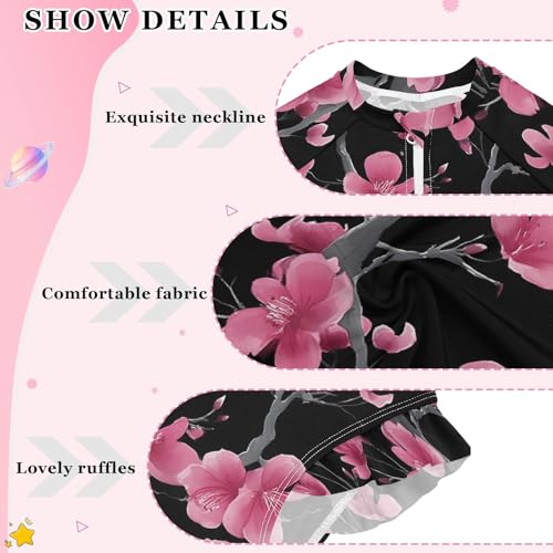 ALAZA Toddler Swimsuit Girl Bathing Suit Swimwear Rash Guard Plum Blossom Pink Long Sleeve 3T4