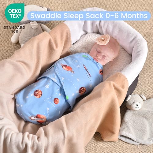Image of david's kids 100% Cotton 3 Pack Baby Swaddle Wrap for 0-3 Months, Soft Breathable Swaddle Blanket for Newborn Infant, Adjustable Baby Wrap Sleep Sacks for Boys Girls, Newborn Essentials, Space