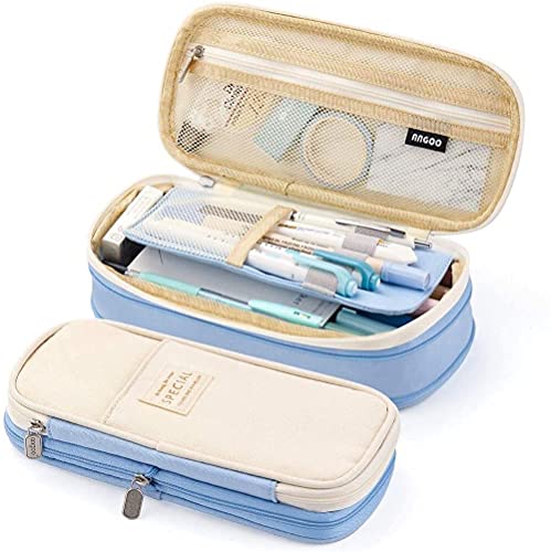 Image of Large Capacity Pen Pencil Case Pouch Office College School Pencil Cases Pen Pencil Stationery Pouch for Big Capacity Case Multiple Compartment Pencil Box Pencil Pouch (Light Blue)