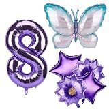 Set de Decoracion Globos Mariposas de Cumpleaños, Globos de Números Grandes de Papel de Aluminio Globos de Mariposa Púrpura con Globos de Flor y Estrella para Fiesta Aniversario Graduación (8)