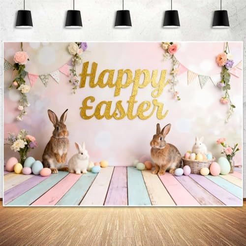 XMJJKUF Pink Happy Easter Backdrops for Photography 7x5ft Bunny Colorful Wood Eggs Backdrop Background Spring Happy Easter Banner Wall Decor for Kids Potrait