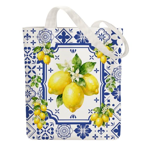 ANATTASOUL Canvas Tote Bag Blue and White Porcelain with Lemon Reusable Cotton Bag for Women, Durable and Foldable Cloth Shoulder Bags with Zip Pockets for Shopping, Vacation, Work, Gym, Gifts