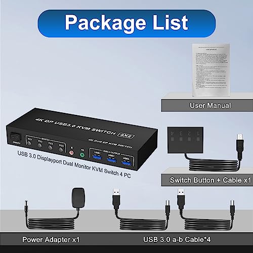 Usb 3.0 Kvm Switch 2 Monitors 4 Computers Displayport 4K 60Hz, Dual Monitor Displayport Kvm Switch 4 Port With Audio Microphone Output And 3 Usb 3.0 Ports, Dp Monitor Switch For 4 Pcs 2 Monitors #TOP7