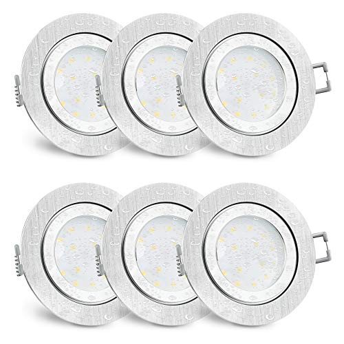 SSC-LUXon 6 Stück RW-2 Einbauleuchten LED Bad flach IP44 Alu gebürstet - mit 4W neutralweiß LED Modul 230V - Deckenspot rund