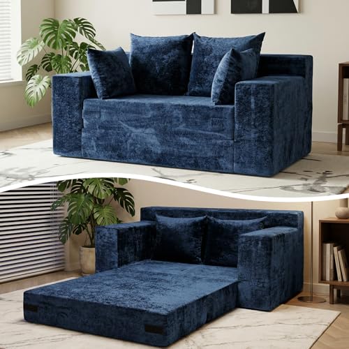 Winzoo 55" Small Boneless Couch, 3-in-1 Boneless Loveseat Sleeper Sofa Bed Convertible Sofa Bed with 4 Pillows, Blue Boneless Couch for Living Room, Guest Room, Small Space, No Assembly Required