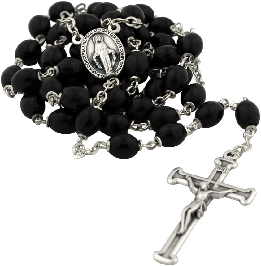 Rosary with Black Wooden Beads Classic SilverTone Chain