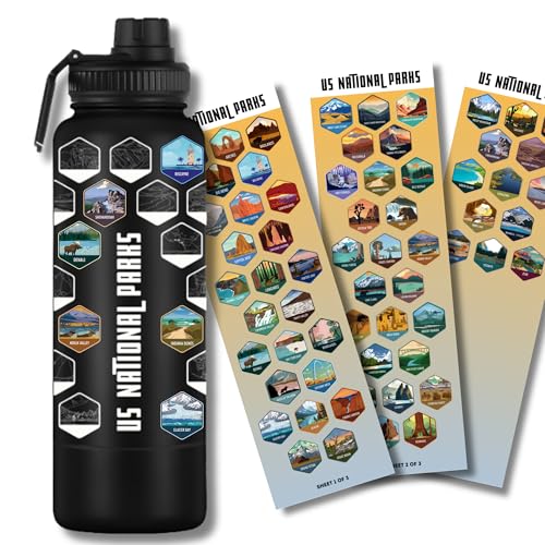 National Parks Stainless Steel Water Bottle with Secret Compartment – Includes All Park Stickers to Track Your Visits (Black)