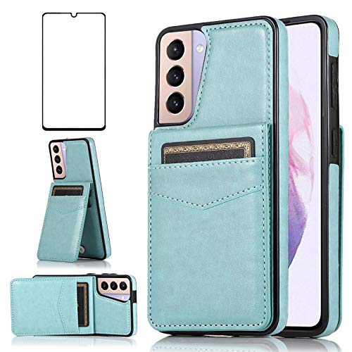 Phone Case for Samsung Galaxy S21 Glaxay S 21 5G 6.2 inch with Tempered Glass Screen Protector and Credit Card Holder Wallet Cover Stand Leather Cell Accessories Gaxaly 21S G5 Cases Women Men Green