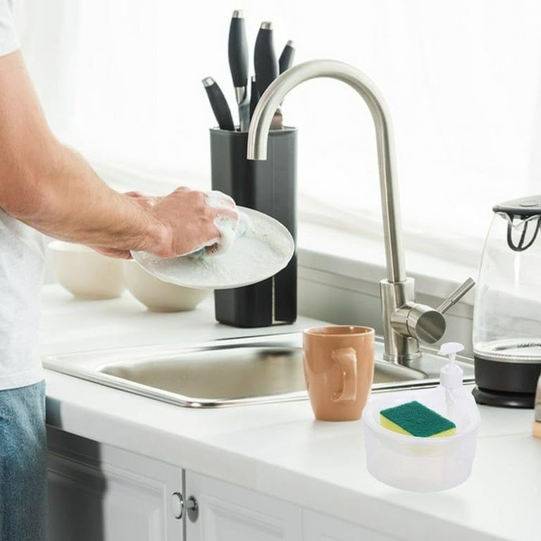 Image of RECLUSE Double Layer 2-in-1 Liquid Soap Dispenser with Pump and Sponge - Dishwasher Liquid Holder, Gentle Cleaning and Tough Scrubbing, for Sink Kitchen Hotel Restaurant