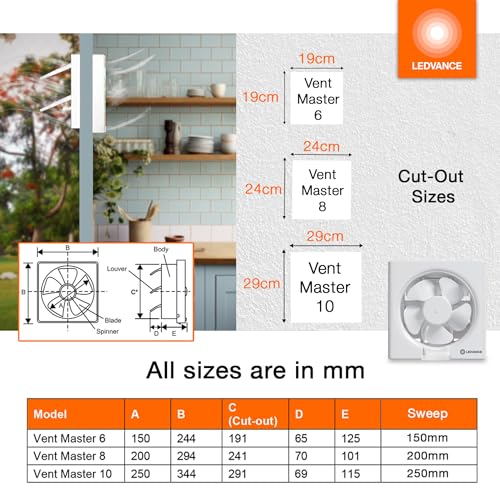 Image of LEDVANCE Exhaust Fan | Suitable for Kitchen, Bathroom & Offices | Silent Operation | Low Power Consumption | Automatic Shutter Louvers | High-Efficiency Motor | 2 Year Warranty (250 mm - 2026)