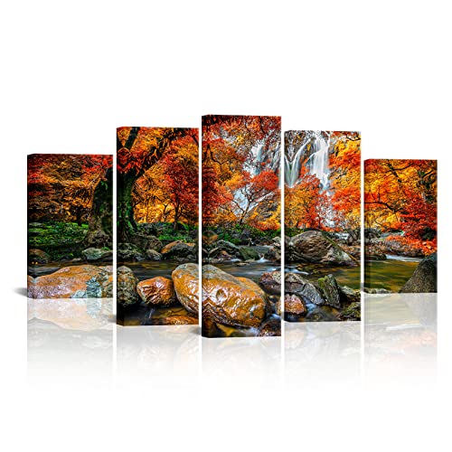 Lyerartork 5 Piece Fall Canvas Wall Art Yellow Tree Forest Pictures Wall Decor Autumn Waterfall Painting Nature Landscape Artwork Modern Living Room Bedroom Decoration #TOP17