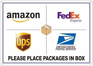 Delivery Sign for Packages, Please Place Packages in Box Sign, 12x8 Inch Waterproof Metal Aluminum Sign, FedEx UPS USPS Mailbox Decor for Front Porch, Yard, Gate, Office