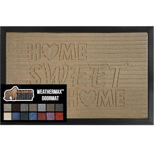GORILLA GRIP 100% Waterproof All-Season WeatherMax Doormat, US Designed Natural Rubber, Stain and Fade Resistant, Low Profile Indoor Outdoor Door Mats, Easy Clean Patio Mat, 17x29, Home Sweet Home