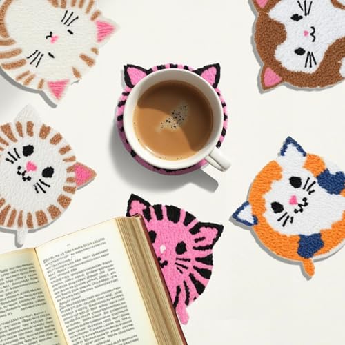 Image of 57lilina 6pcs Coaster Punch Needle Kit for Beginners & Adults, Animal Cat | Complete Step-by-Step Guide Make Punch Stitching Embroidery Art Drink Coasters, Easy DIY Hobby Craft Set for Women Starter