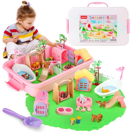 Aprilwolf 21 PCS Pet Sensory Bin, Dog & Cat Sandbox with Sand & Box, Play Sand Art Toys Kit, Pet Care Play Set, Beach Toys for Kids Ages 4-8, Birthday Gift Girls Boys 3 4 5 6 7 Years Old