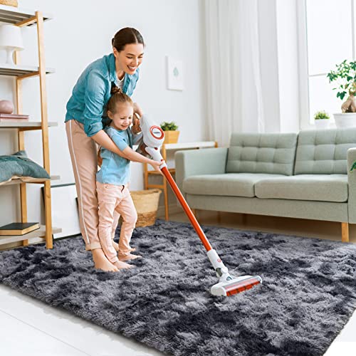 Homore Soft Fluffy Rug For Bedroom, Tie Dye Rugs For Living Room, Non Slip Shaggy Plush Carpet For Kids Nursery Toddler, 5X7 Feet Area Rugs For Room Floor, Dark Gray/Black #TOP6