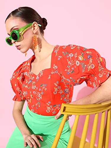Image of Style Quotient Women Orange Floral Print Sweetheart Neck Top