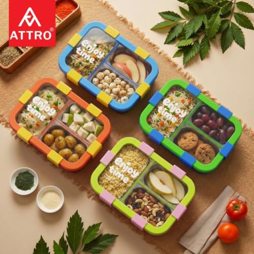 Image of ATTRO JoyBox Steel Lunch Box, 3 Compartment, Stainless Steel Inner Tray, Leakproof Airtight Lid, 4-Side Locks, BPA-Free Food Grade Lunch Box for Kids, School & Office - Purple-750ml