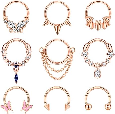 Sanfenly 9Pcs 16G Septum Rings for Women Men Stainless Steel Dangle Septum Jewelry Blue Planet Teardrop CZ Butterfly Bat Spiked Daith Earrings Hoop Nose Rings Cartilage Helix Septum Piercing Jewelry