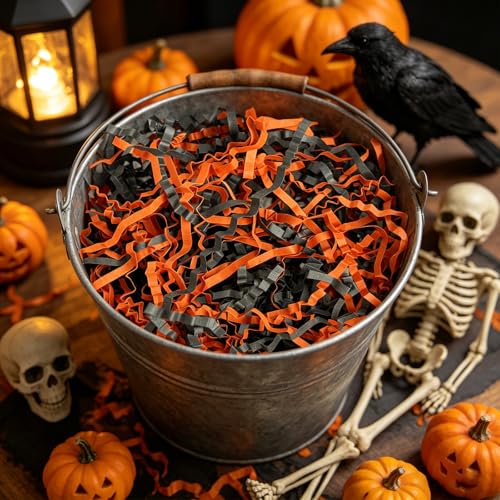 Image of Zankubom 1 /2LB Black Orange Crinkle Cut Paper Shred Filler Great for Gift Wrapping, Basket Fillers, Birthday, Gift Wrapping, Anniversary, Halloween Christmas Party Decor Filling Supplies