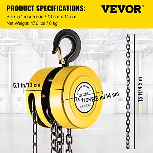 Vevor Hand Chain Hoist, 2200 Lbs /1 Ton Capacity Chain Block, 15Ft/4.5M Lift Manual Hand Chain Block, Manual Hoist W/Industrial-Grade Steel Construction For Lifting Good In Transport & Workshop, Yell #TOP6