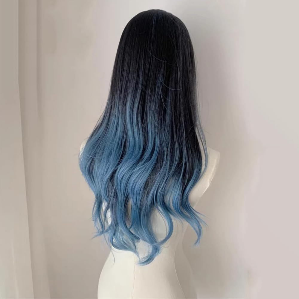 Black Blue Ombre Long Wavy Wig for Women Middle Part Synthetic Curly Hair Wig Curtain Bangs Natural Looking Heat Resistant Wigs for Daily Use