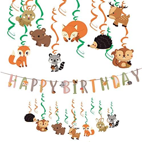 SUNBEAUTY Woodland Party Decorations Woodland Forest Animal Hanging Swirls with Happy Birthday Banner for Kids Boys Girls Woodland Birthday Party Supplies
