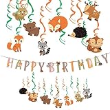 SUNBEAUTY Woodland Party Decorations Woodland Forest Animal Hanging Swirls with Happy Birthday Banne