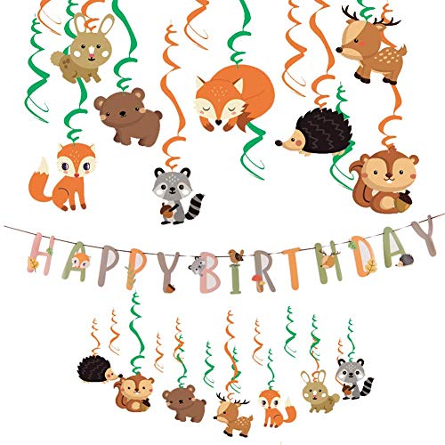 Sunbeauty Woodland Party Decorations Woodland Forest Animal Hanging Swirls With Happy Birthday Banner For Kids Boys Girls Woodland Birthday Party Supplies #TOP3