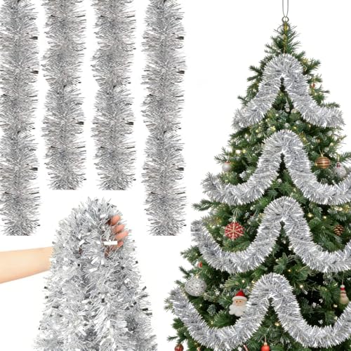 Metallico Ghirlanda di Tinsel, Ghirlanda Tinsel di Natale, Festoni Albero di Natale, Tinsel Appendere Albero, Festone Natalizio per Albero di Natale, per Natale, Compleanno, Festival, 2M, 4Pz,Argento