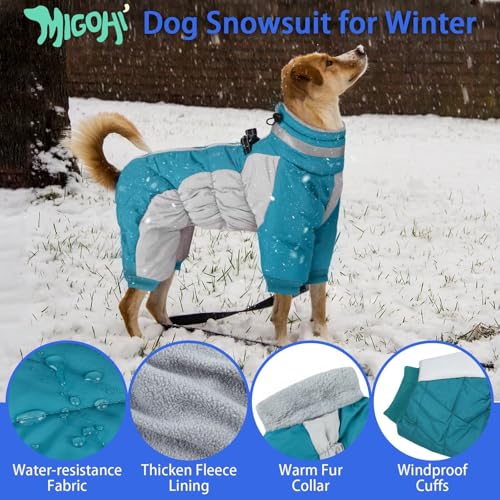 Image of MIGOHI Full Body Dog Coat，Warm Coats for X-Small Dogs | Windproof Winter Coat for Dogs with Harness,Turtleneck Dog Snowsuit with Legs,Reflective Puppy Fleece Puffer Jacket,XS,Turquoise