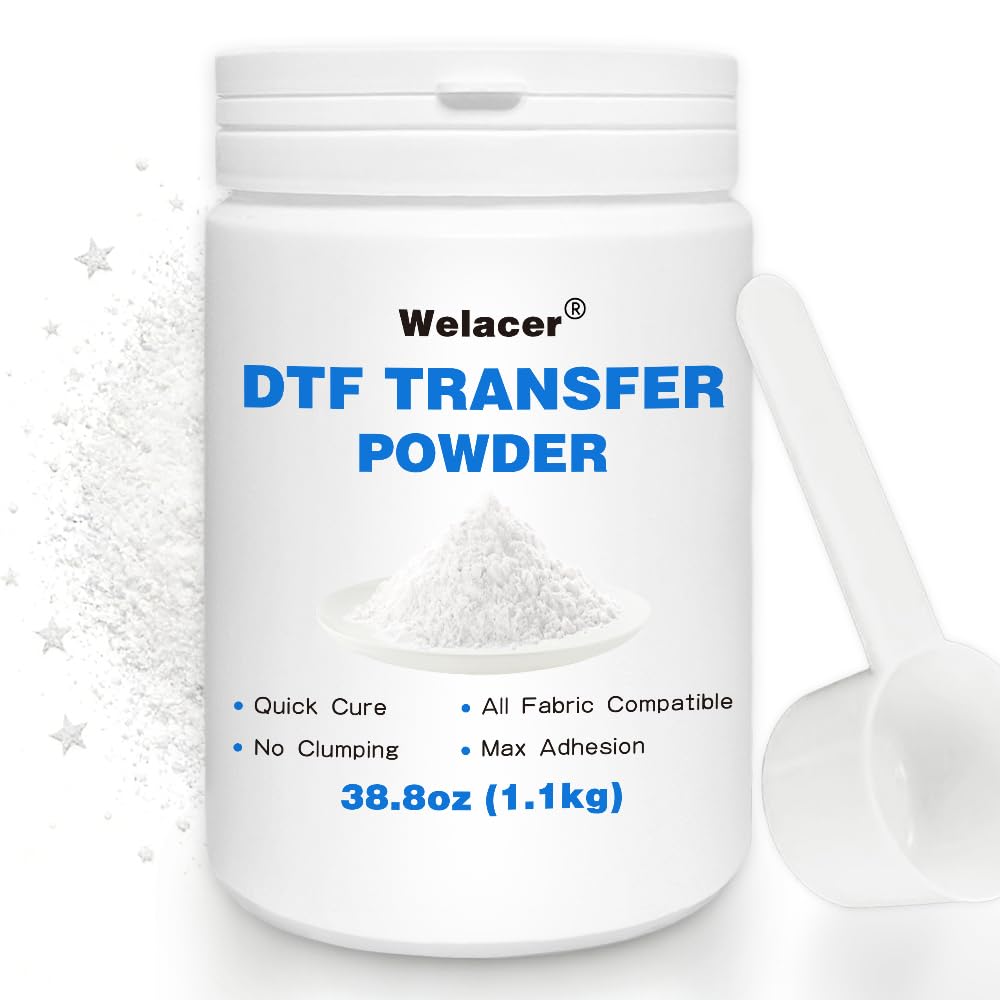 DTF Powder White 38.8oz (1.1kg), No Clumping Hot Melt Adhesive Transfer Powder for L1800 – All Fabric Compatible, Strong Adhesion, Quick Cure