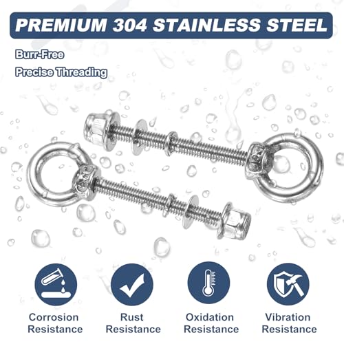 Image of PATIKIL M8 x 50mm Shoulder Eye Bolt, 4 Pcs 304 Stainless Steel Lifting Ring Threaded Eye Bolt with Flange Lock Nuts Spring and Flat Washers for Hanging Tie Down Straps Outdoor Indoor