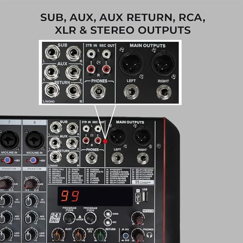 Image of Xtreme Acoustics 8-Channel Mixer Professional Audio Mixing Console with Bluetooth Connectivity, 99 Digital Effects Hybrid Input Ports, Individual Phantom Power, Dual AUX output