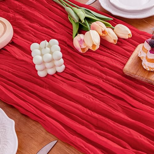 HOMEBROS Cheesecloth Table Runner, Boho Rustic, Sheer Wrinkled Cloth Runner Decor, 10 Ft, Red, 1 Pcs