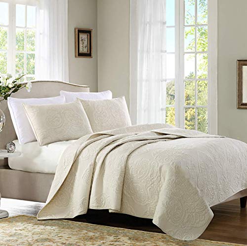 Shufeng Dessus De Lit 2 Personnes Ensemble De Couvre-Lit Matelassé Blanc en Coton Lavable avec 2 Taies d'oreiller Courtepointe Brodée,Beige,230 * 250cm