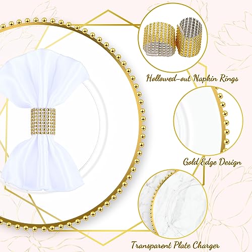 Uiifan 50 Set (100 Pcs) Clear Gold Charger Plates and Napkin Rings Set Including 13 Inch Plastic Beaded Rim Charger Plates Napkin Rings for Wedding Party Dinner Table Events Decoration - Image 4