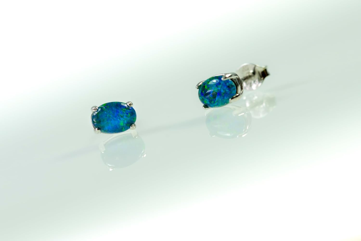 Australian Triplet Opal Earrings - Genuine Triplet Opal Earrings in White Gold Plated on Sterling Silver - Blue Green Simple Design Women's Jewelry