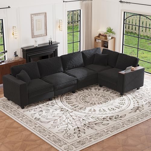 Image of 126 inch L Shaped Sectional Couch, Comfy Corduroy Sectional Couch, Modular Convertible V Shaped Couch, 5 Seat Corner Sofa with 2 Pillows & Storage Armrests for Living Room, Black