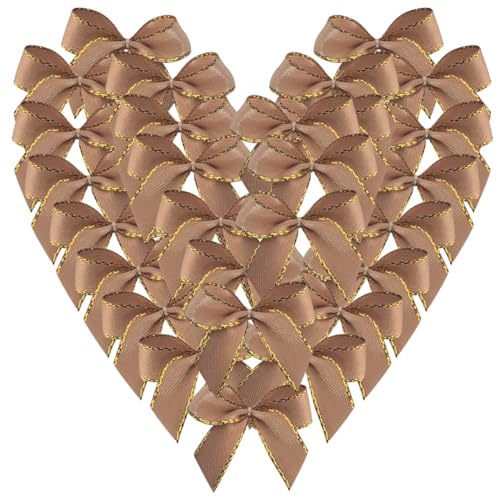 Micomon 50pcs 1.2-InchMini Ribbon Bows for Crafts Small Gold Edge Khaki Ribbon Bows Christmas Decoration Embalishement Scrapbooking(3/8",Khaki)