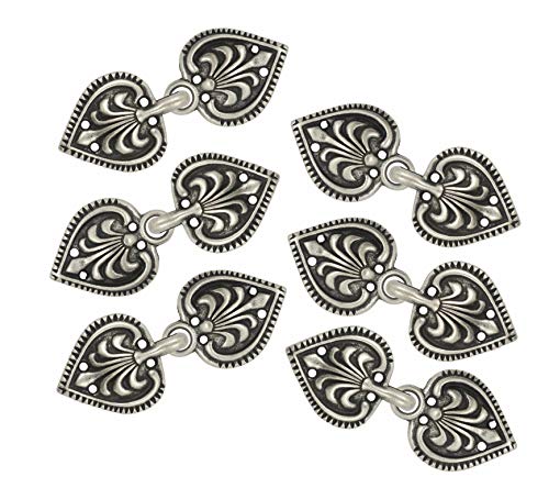 Bezelry 6 Pairs Baroque Spade Hook and Eye Cloak Clasp Fasteners 48mm x 19mm Fastened. (Antique Silver)