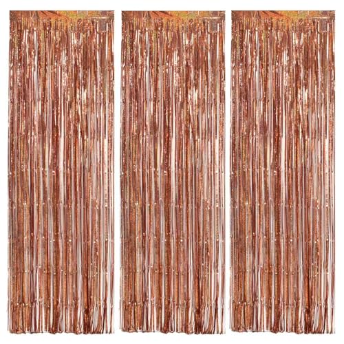Image of TONIFUL 3Pcs Laser Rose Gold Door Streamers,Laser Rose Gold Photo Booth Backdrop Metallic Streamers Foil Fringe Curtains for Birthday,Christmas,New Year,Bachelorette Party Decor(9.9ft x 6.6ft)