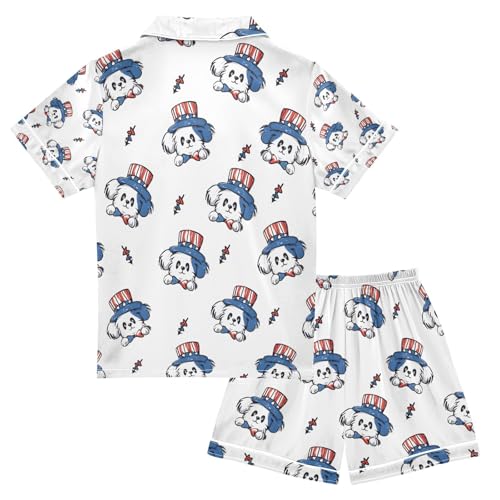senya Dog Usa Head Satin Summer Pajama Sets Silk Short Sleeve Button Down Sleepwear2