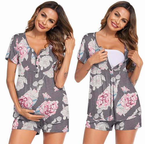 Image of Ekouaer Women's Maternity Nursing Pajama Sets Short Sleeve Postpartum Pajamas Breastfeeding Pregnancy Clothes