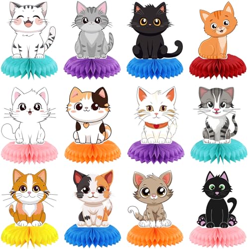Pickmesh 12 Pcs Cat Birthday Party Decoration Honeycomb Centerpieces Kitten Table Centerpieces Cats Table Topper 3D Double Sided Kitten Decoration for Birthday Pet Theme Party Favors Supplies
