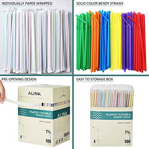 Alink 500 Count Colorful Plastic Flexible Drinking Straws, Individually Wrapped Plastic Disposable Bendy Party Straws - 7.75" X 0.23" #TOP2