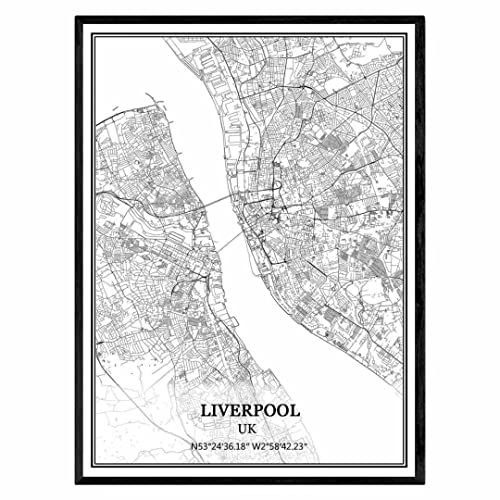Liverpool Storbritannien karta väggkonst canvas tryck affisch konstverk oinramad modern svart och vit karta souvenir gåva heminredning 9 x 11 tum